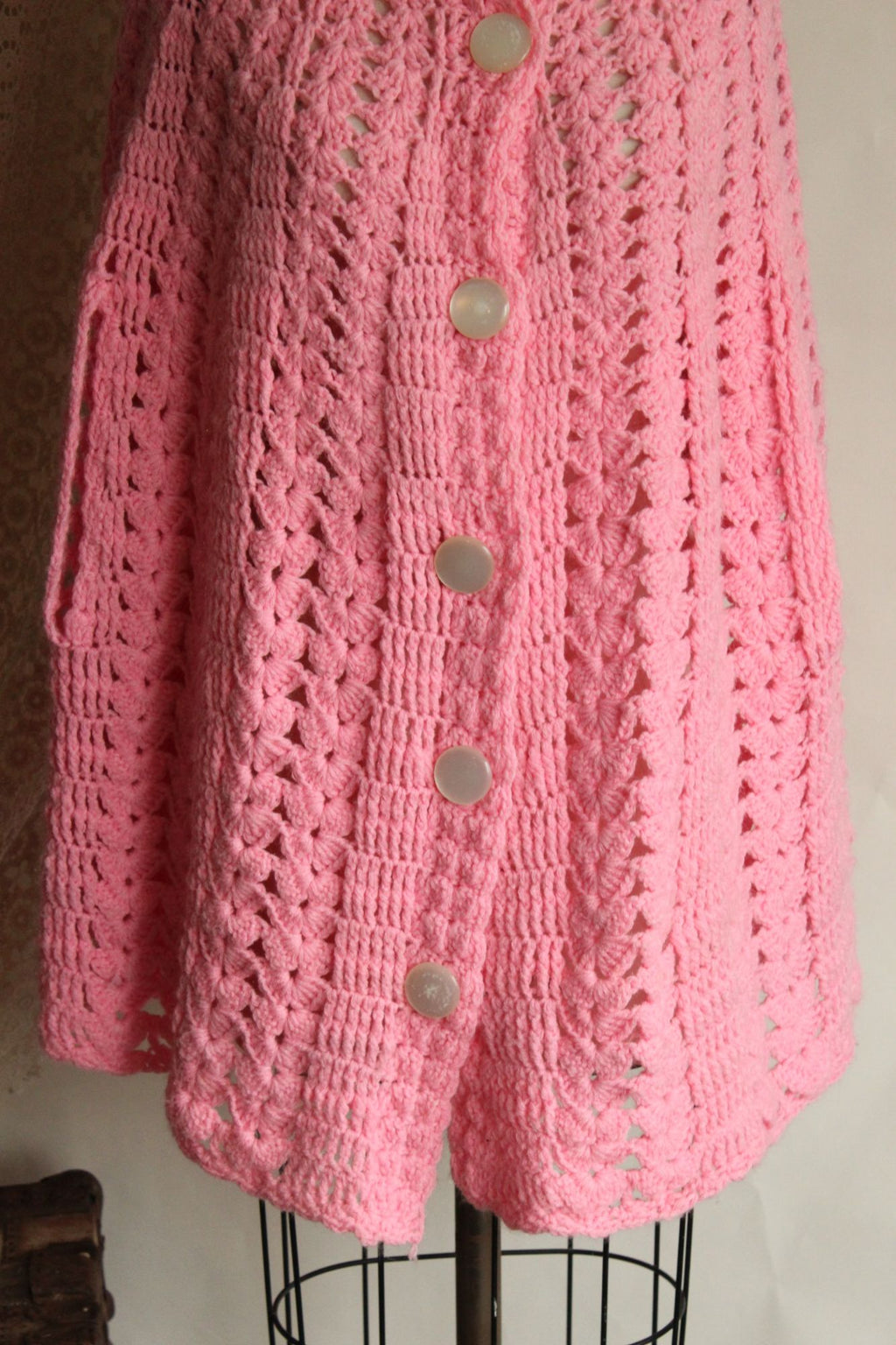 Vintage 1960s 1970s Pink Crochet Poncho Shawl
