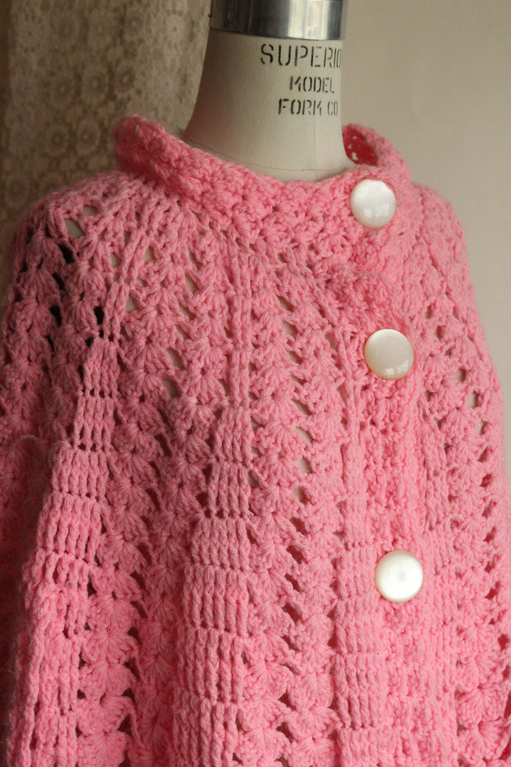 Vintage 1960s 1970s Pink Crochet Poncho Shawl