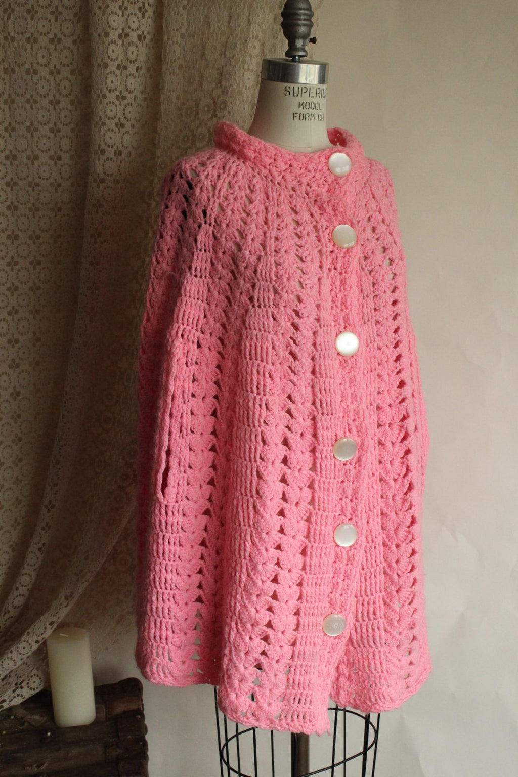 Vintage 1960s 1970s Pink Crochet Poncho Shawl