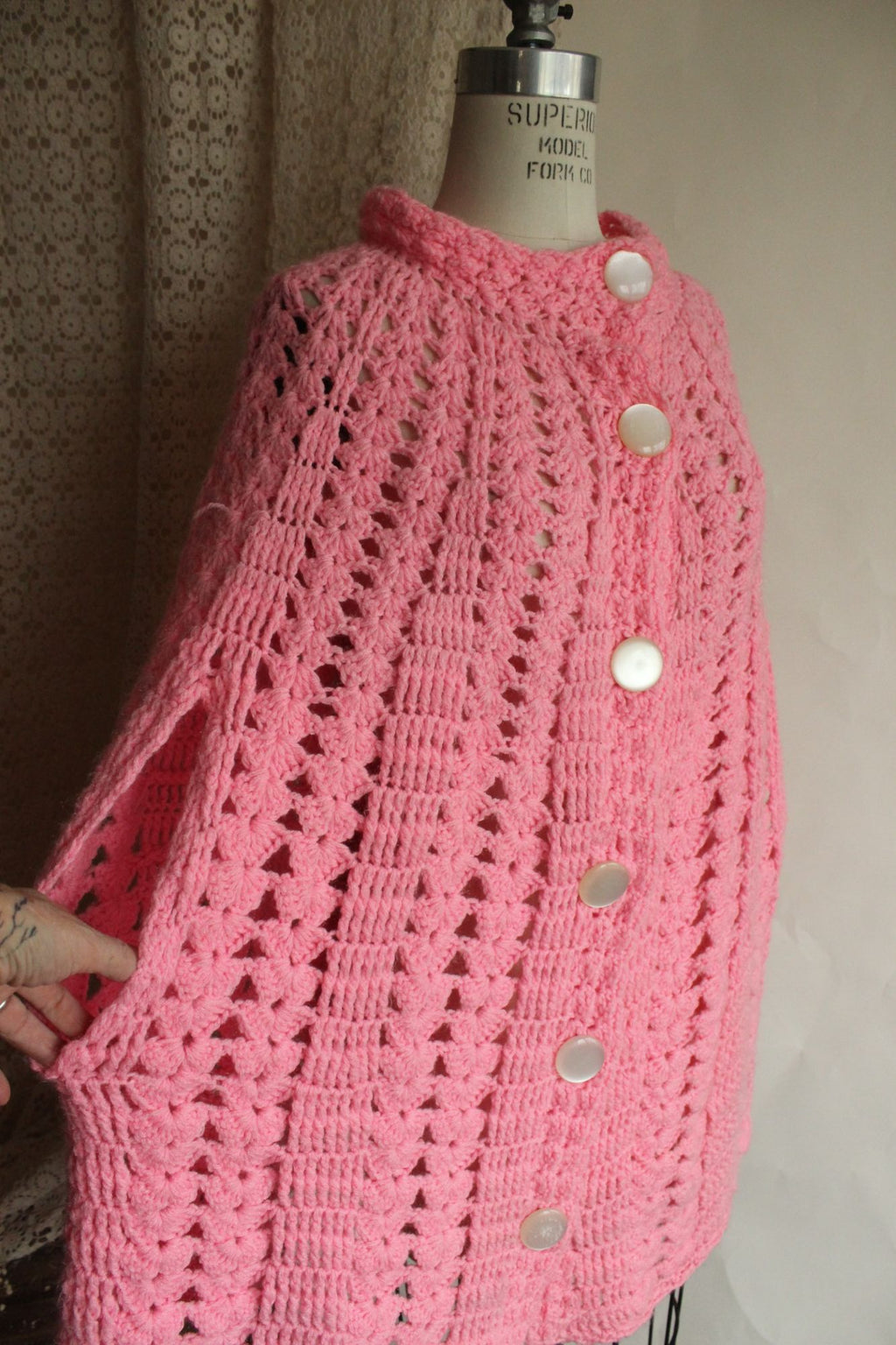 Vintage 1960s 1970s Pink Crochet Poncho Shawl