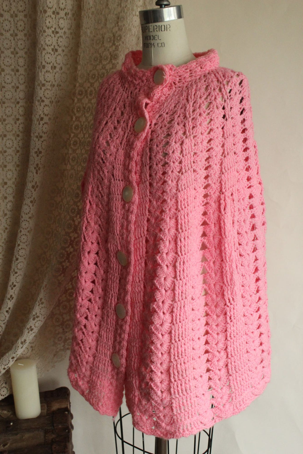 Vintage 1960s 1970s Pink Crochet Poncho Shawl