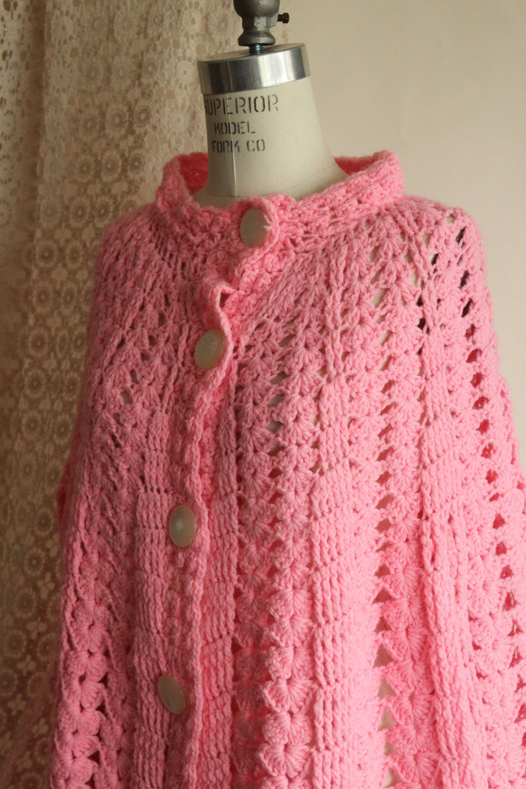 Vintage 1960s 1970s Pink Crochet Poncho Shawl
