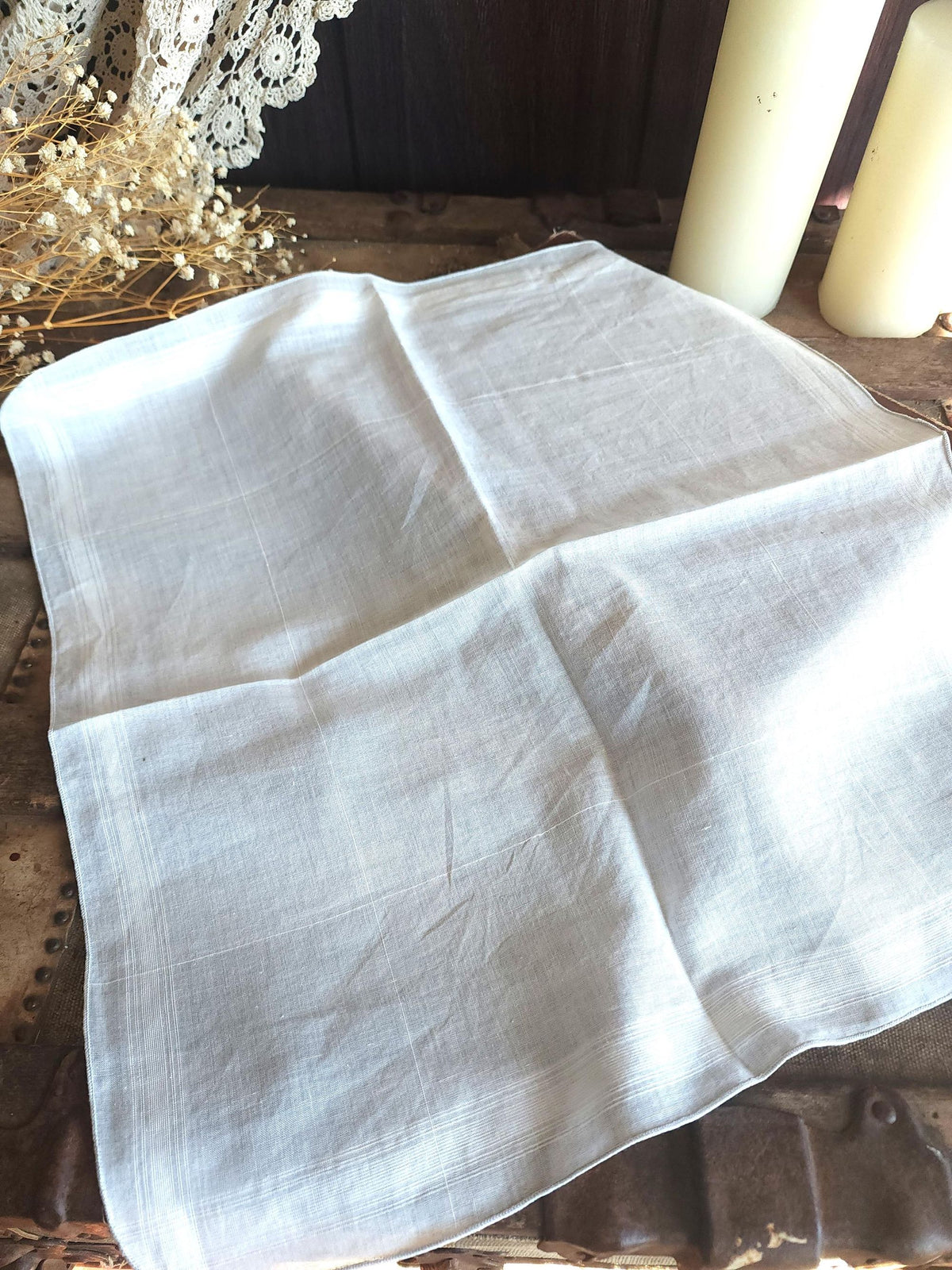 Vintage 1950s 1960s White Cotton Man's Handkerchief with Gray Rolled Edge