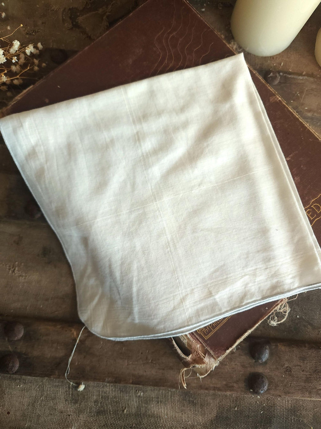 Vintage 1950s 1960s White Cotton Man's Handkerchief with Gray Rolled Edge