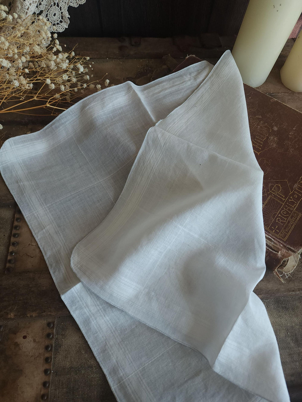 Vintage 1950s 1960s White Cotton Man's Handkerchief with Gray Rolled Edge