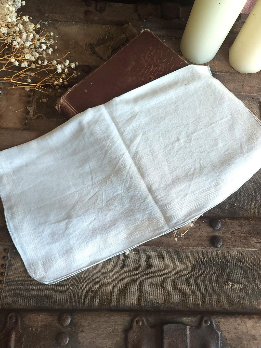 Vintage 1950s 1960s White Cotton Man's Handkerchief with Gray Rolled Edge