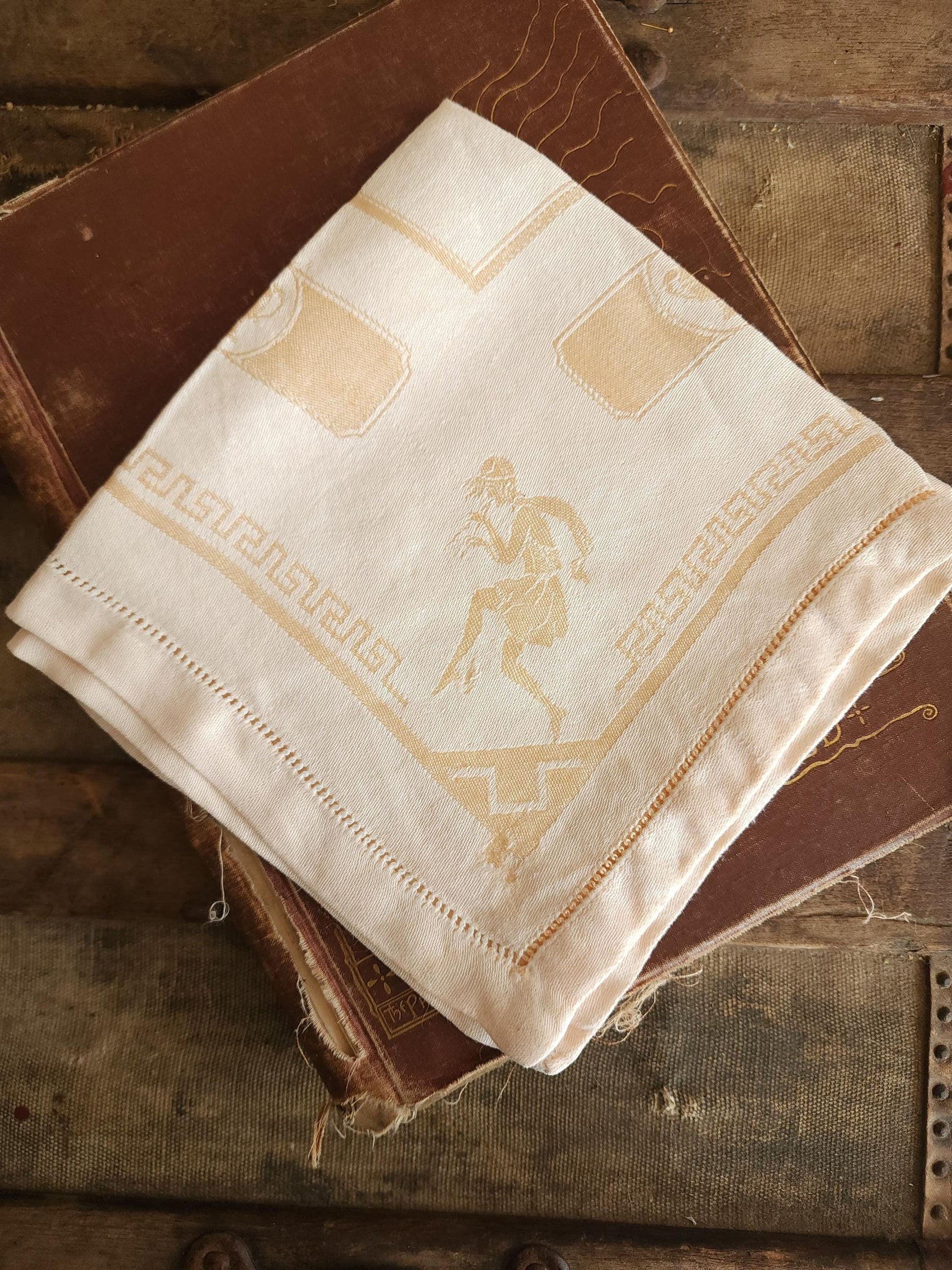 Vintage 1920s 1930s Damask Luncheon Napkin in a Hellenic Greek Motif