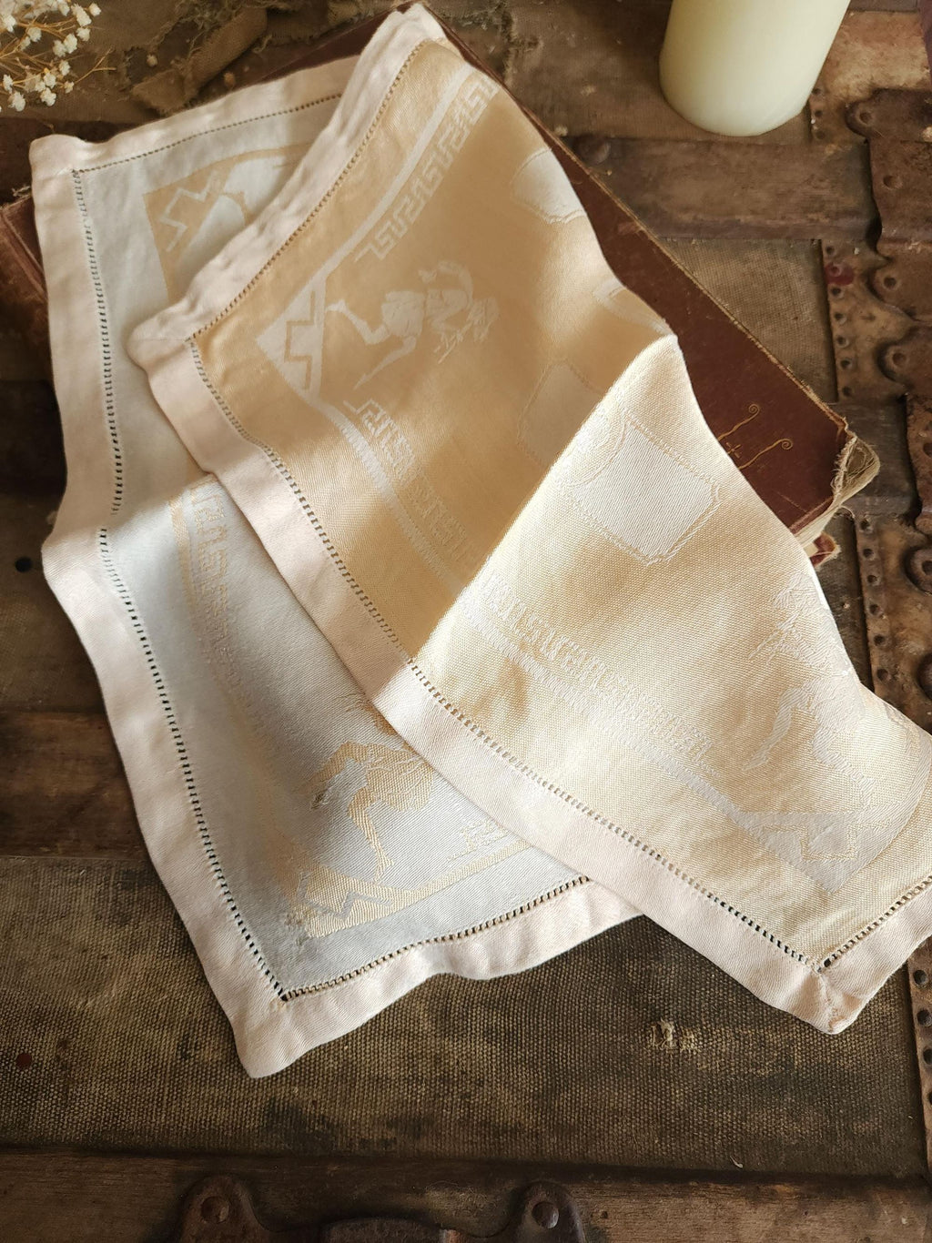 Vintage 1920s 1930s Damask Luncheon Napkin in a Hellenic Greek Motif