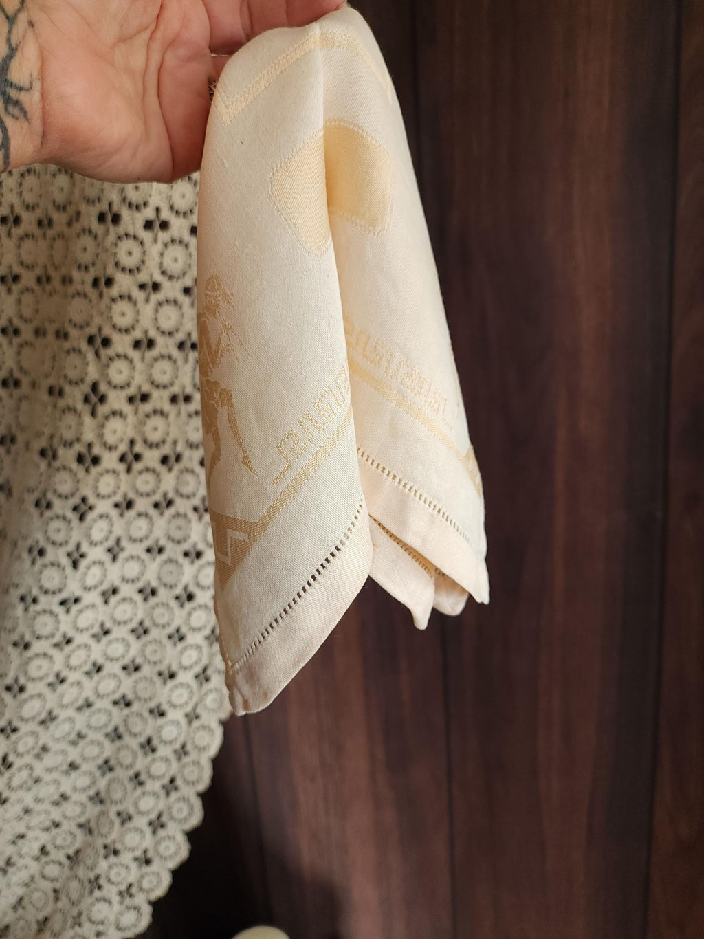 Vintage 1920s 1930s Damask Luncheon Napkin in a Hellenic Greek Motif