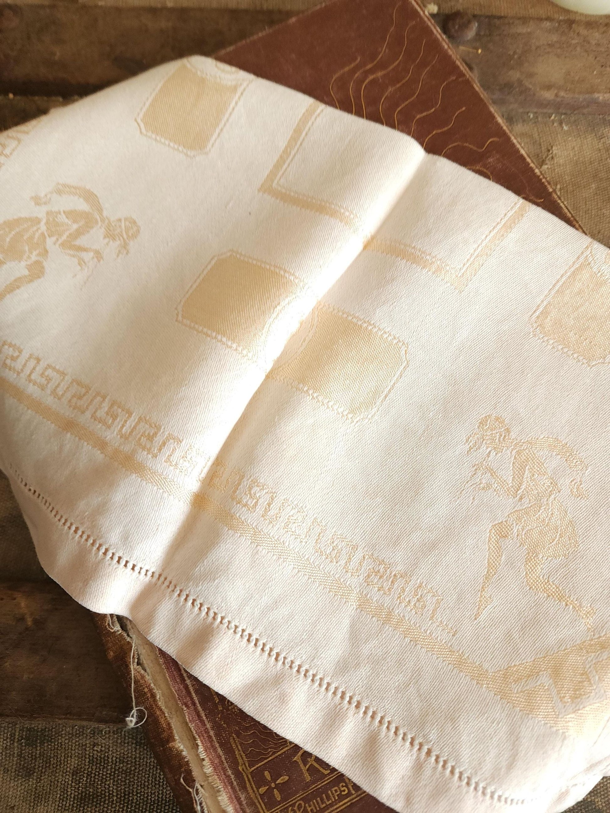 Vintage 1920s 1930s Damask Luncheon Napkin in a Hellenic Greek Motif