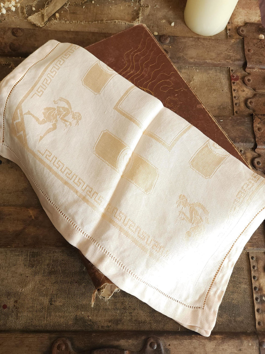 Vintage 1920s 1930s Damask Luncheon Napkin in a Hellenic Greek Motif