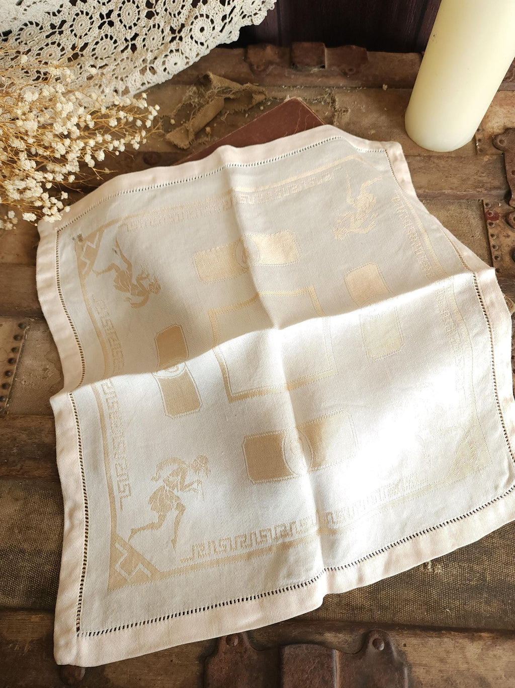 Vintage 1920s 1930s Damask Luncheon Napkin in a Hellenic Greek Motif
