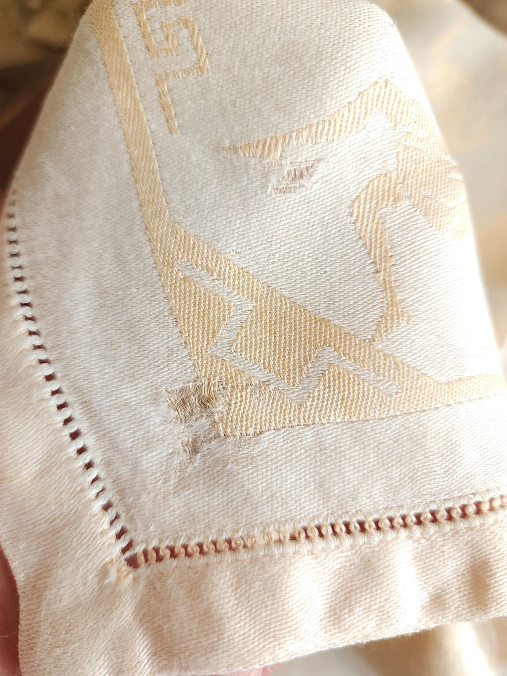 Vintage 1920s 1930s Damask Luncheon Napkin in a Hellenic Greek Motif