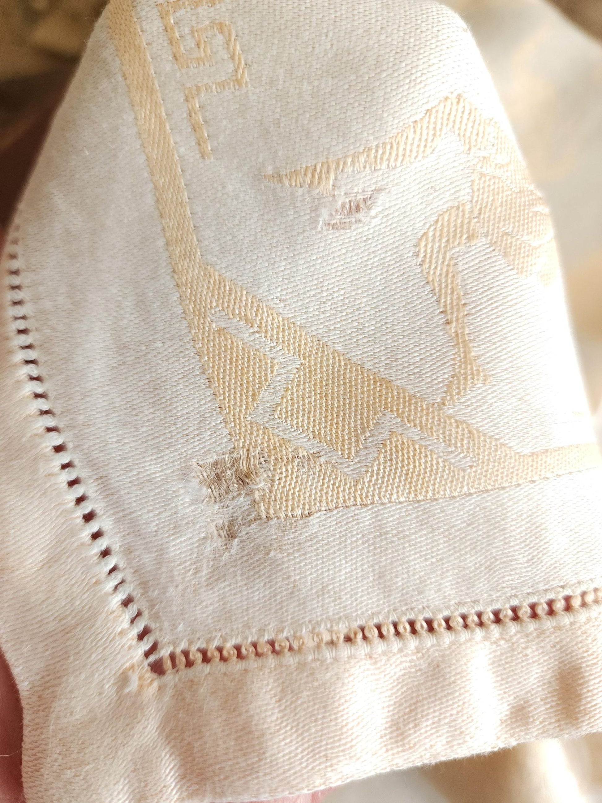 Vintage 1920s 1930s Damask Luncheon Napkin in a Hellenic Greek Motif
