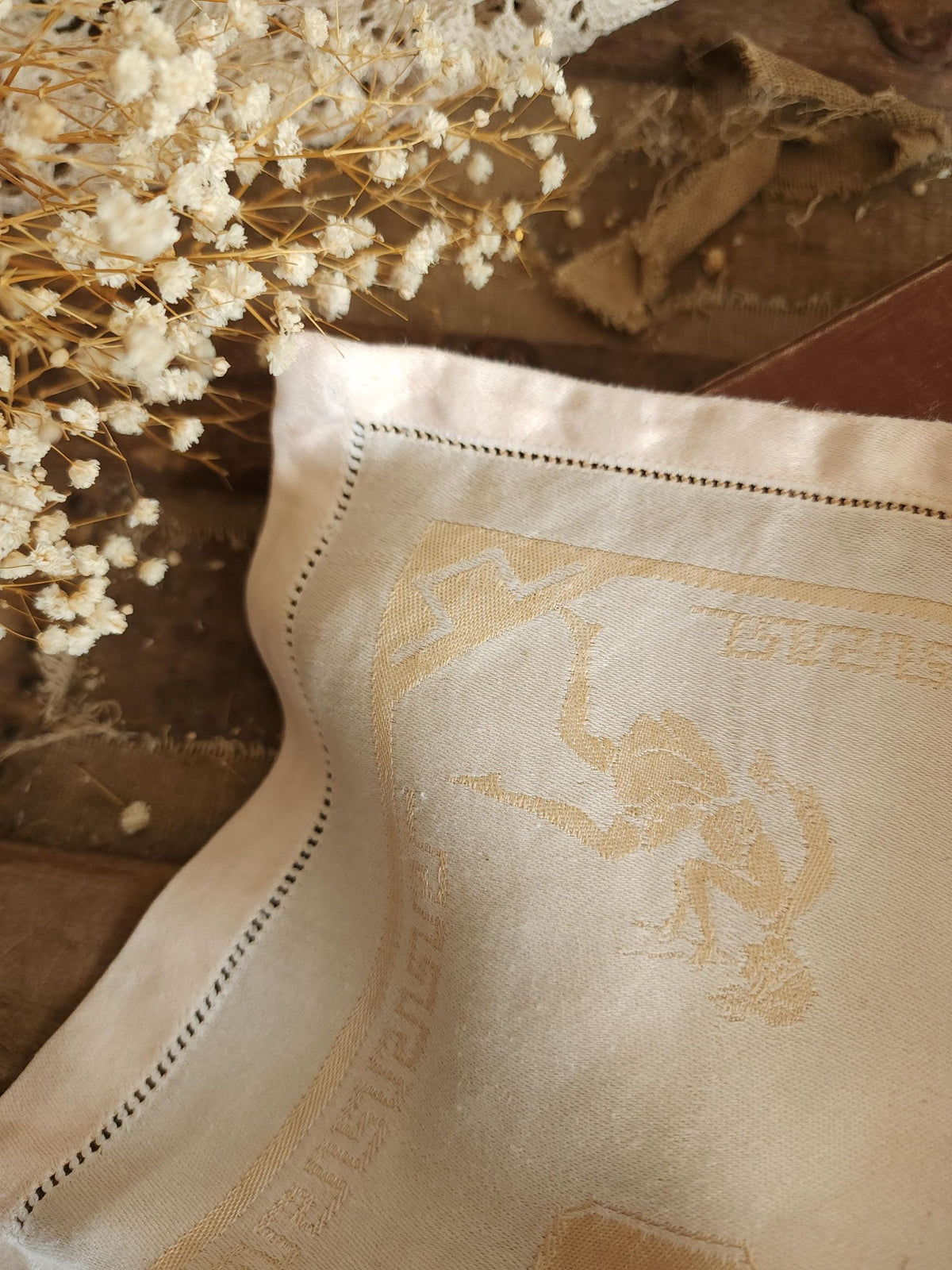 Vintage 1920s 1930s Damask Luncheon Napkin in a Hellenic Greek Motif