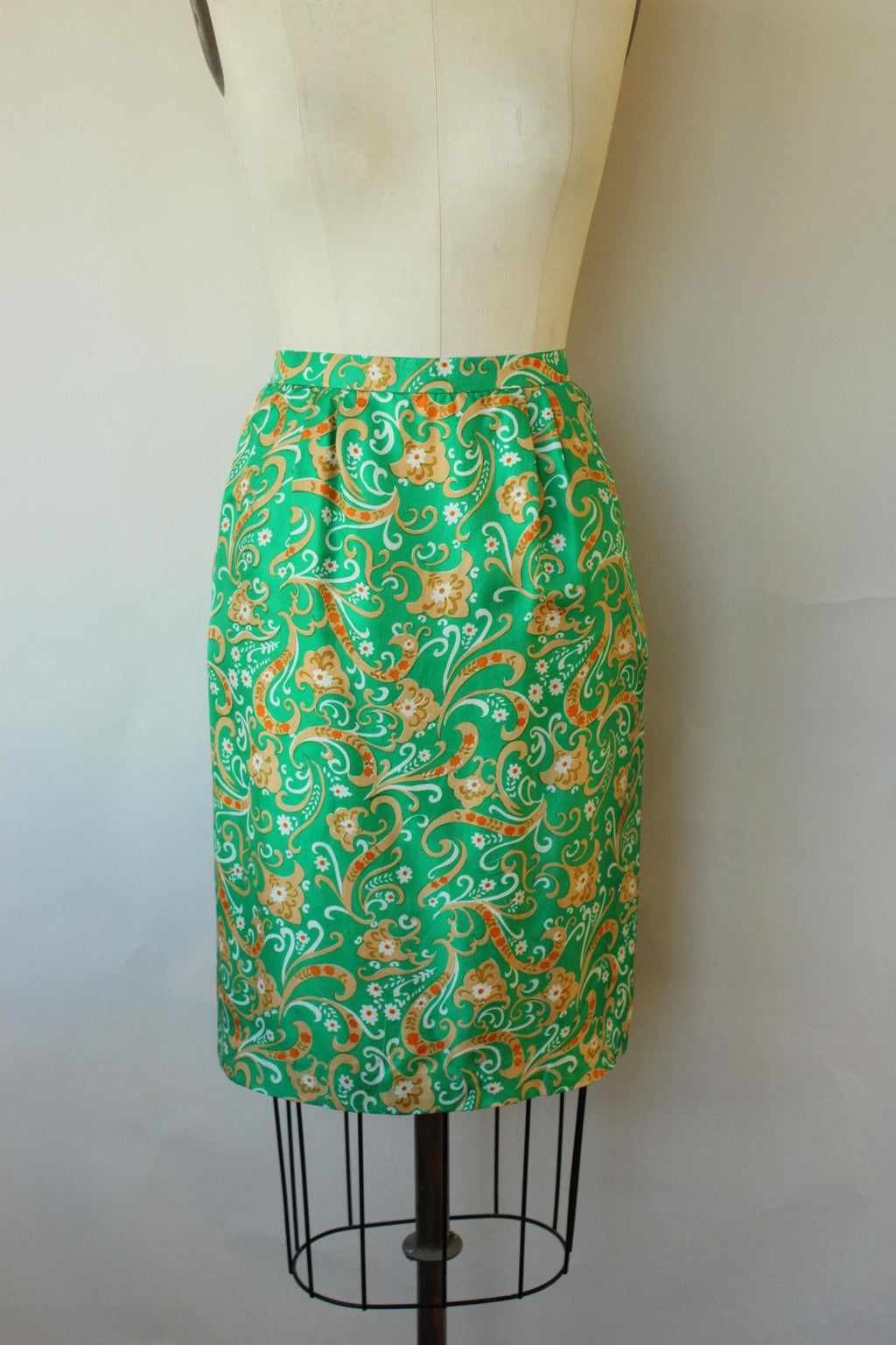 Vintage 1960s Green and Gold Silk Jacket and Skirt Suit