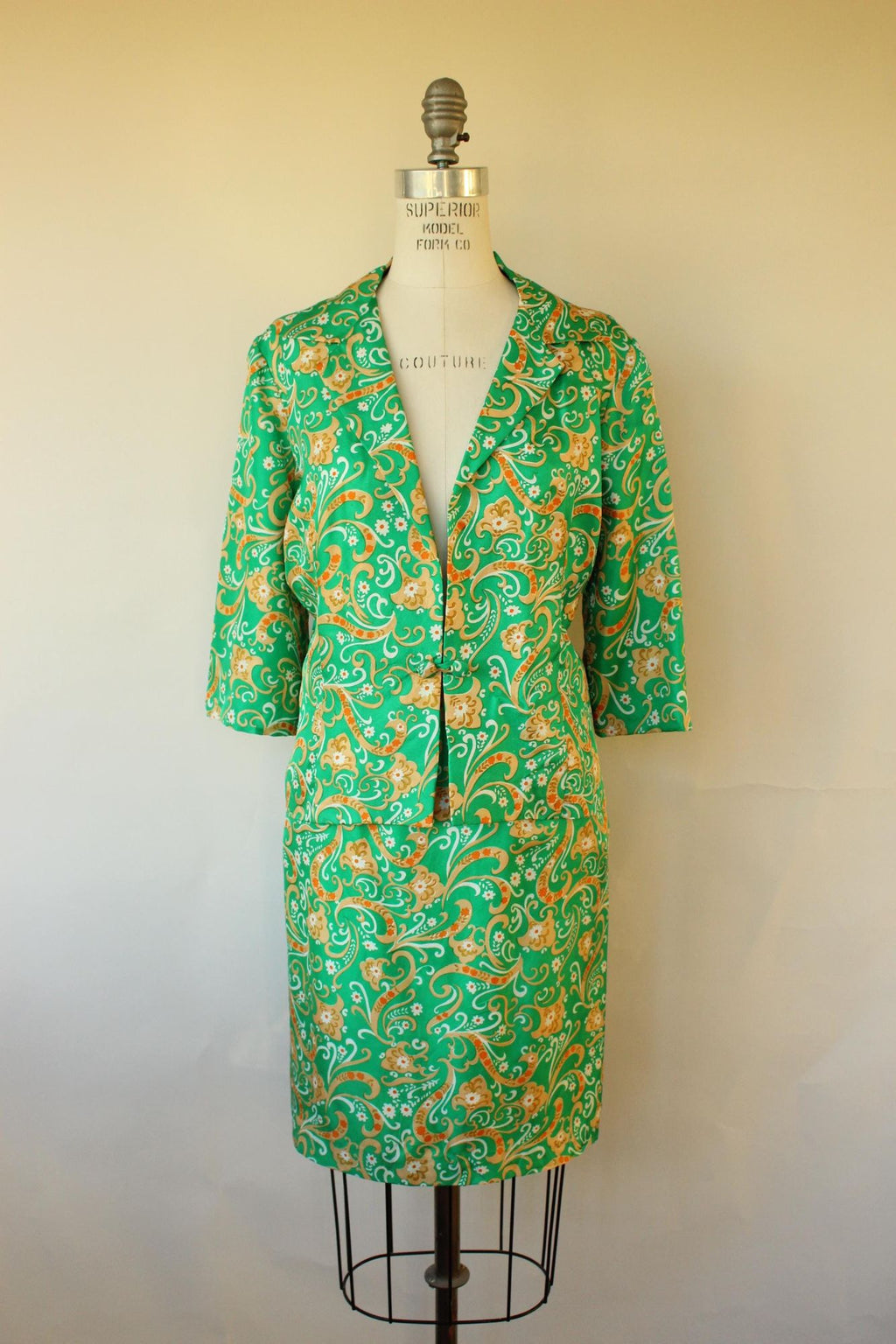 Vintage 1960s Green and Gold Silk Jacket and Skirt Suit