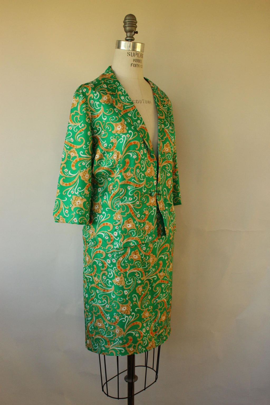 Vintage 1960s Green and Gold Silk Jacket and Skirt Suit
