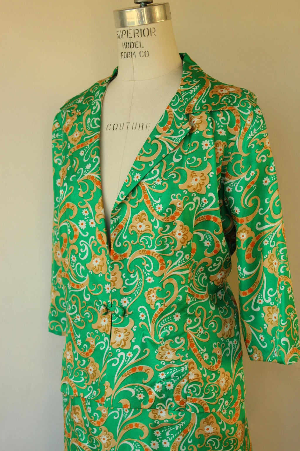 Vintage 1960s Green and Gold Silk Jacket and Skirt Suit