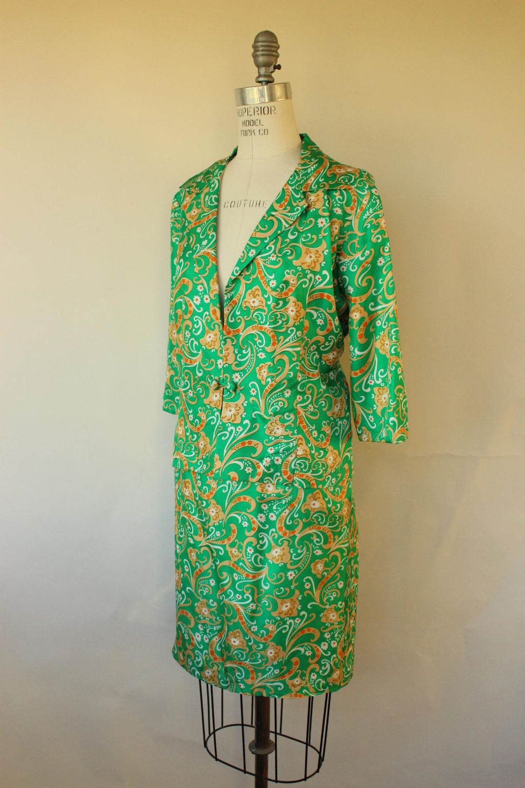 Vintage 1960s Green and Gold Silk Jacket and Skirt Suit