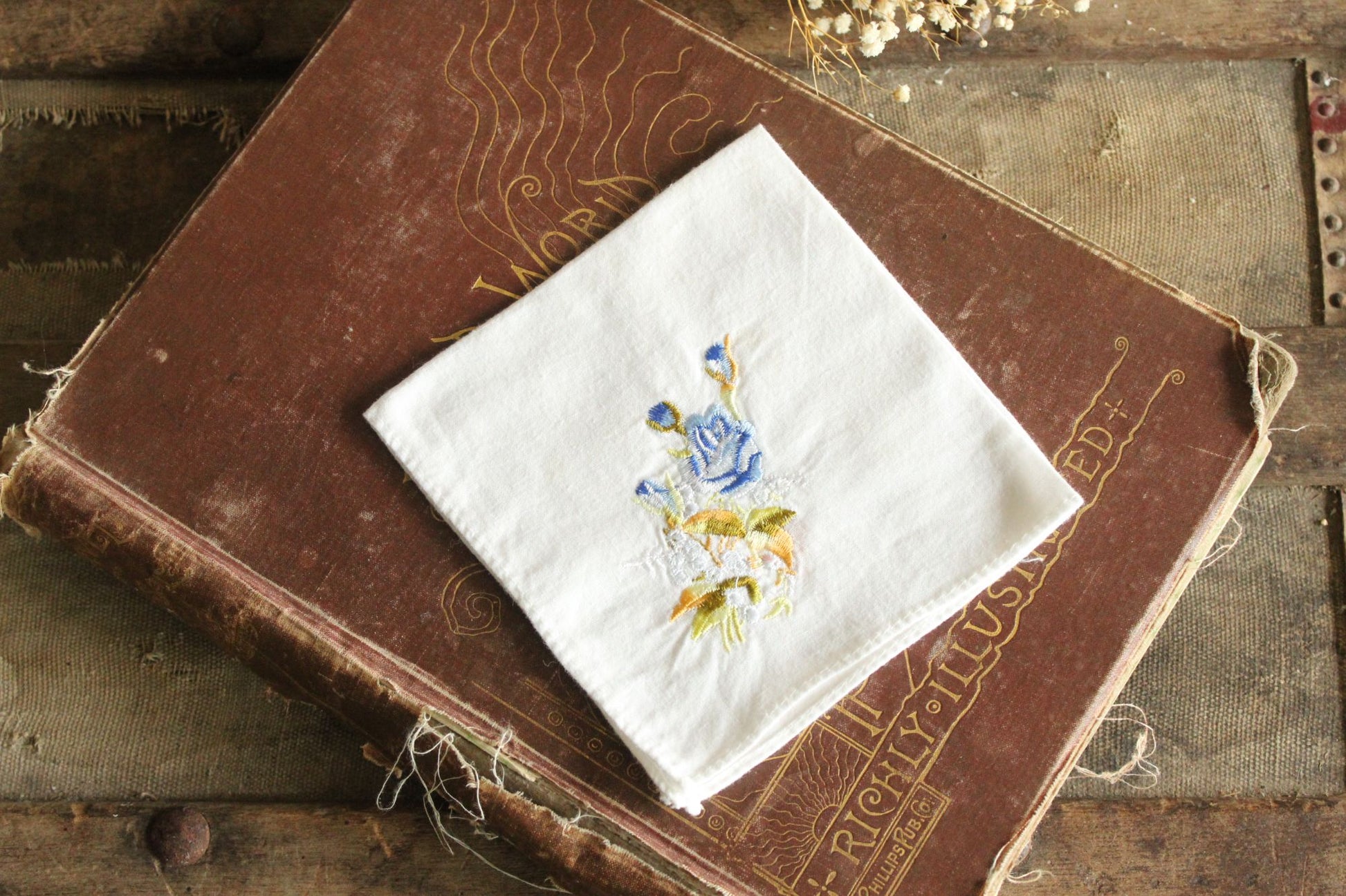 Vintage White Cotton With Blue Embroidered Roses Hanky