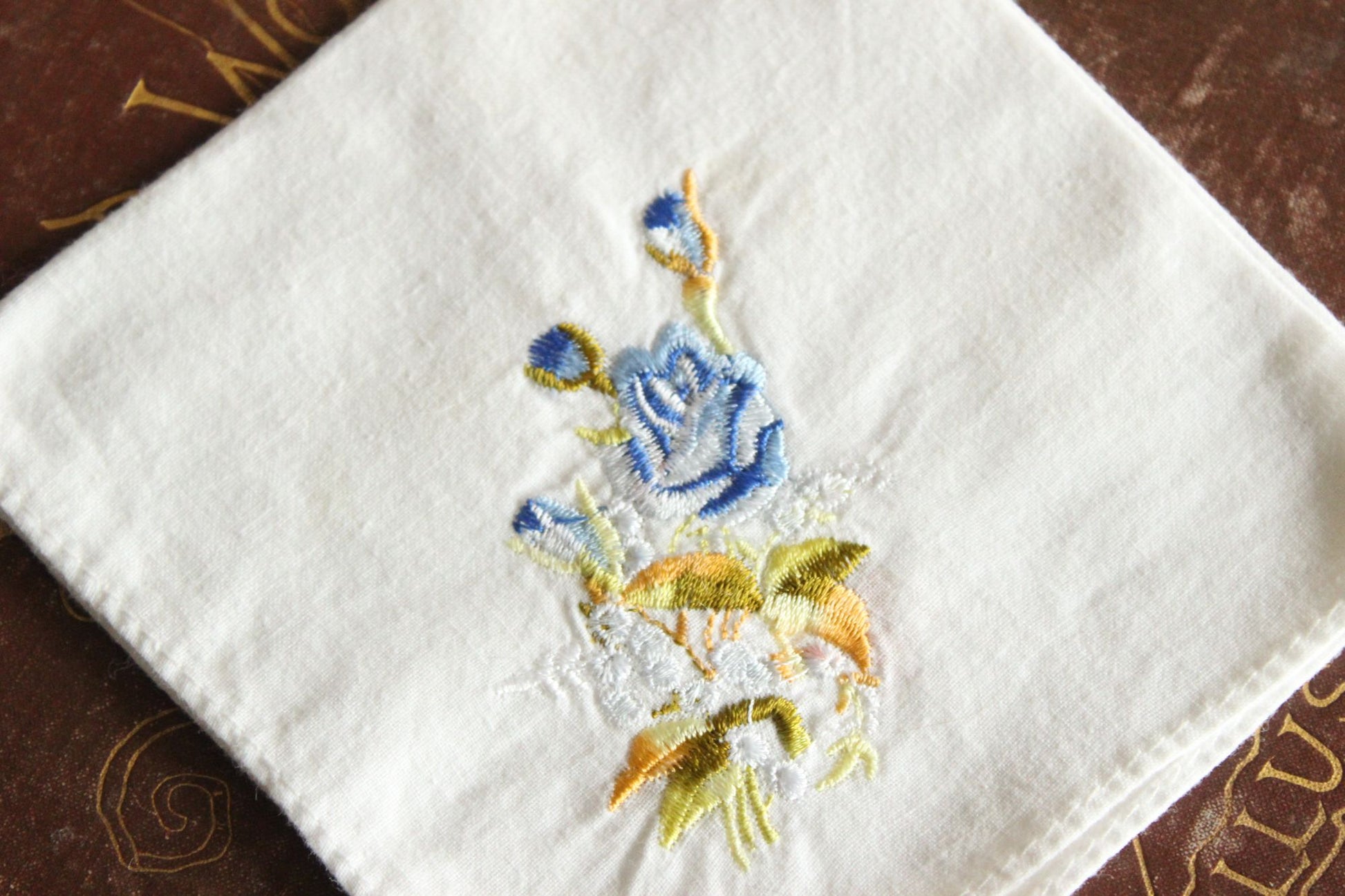 Vintage White Cotton With Blue Embroidered Roses Hanky