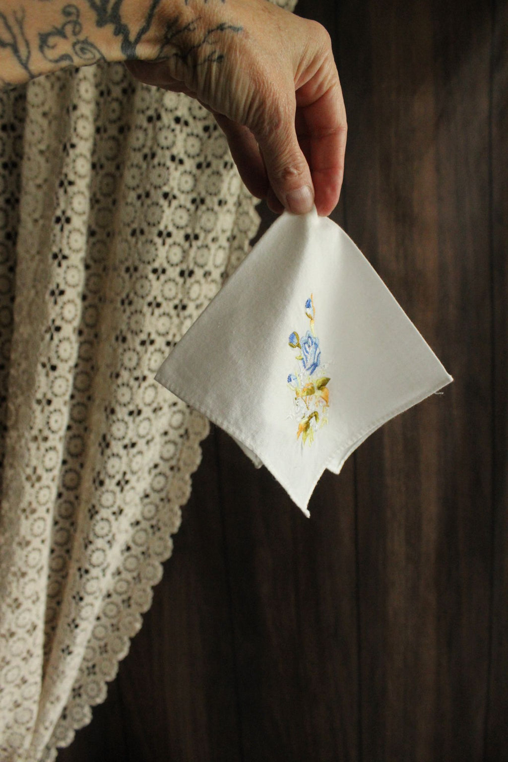 Vintage White Cotton With Blue Embroidered Roses Hanky