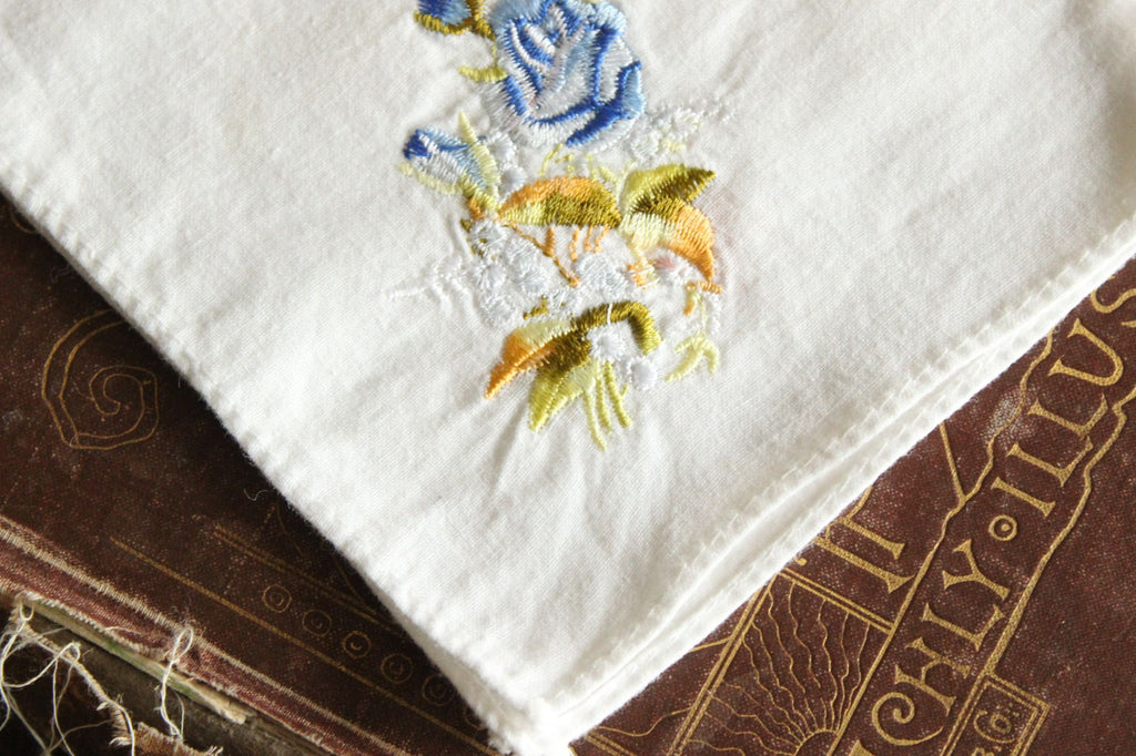 Vintage White Cotton With Blue Embroidered Roses Hanky