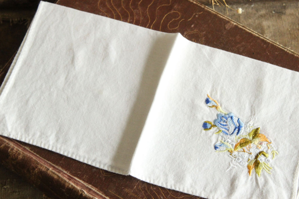 Vintage White Cotton With Blue Embroidered Roses Hanky