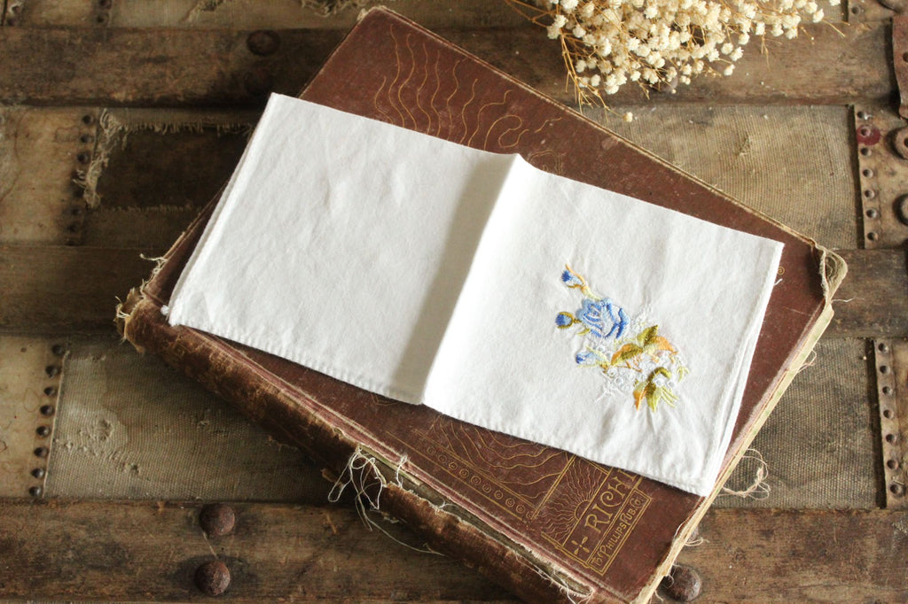 Vintage White Cotton With Blue Embroidered Roses Hanky