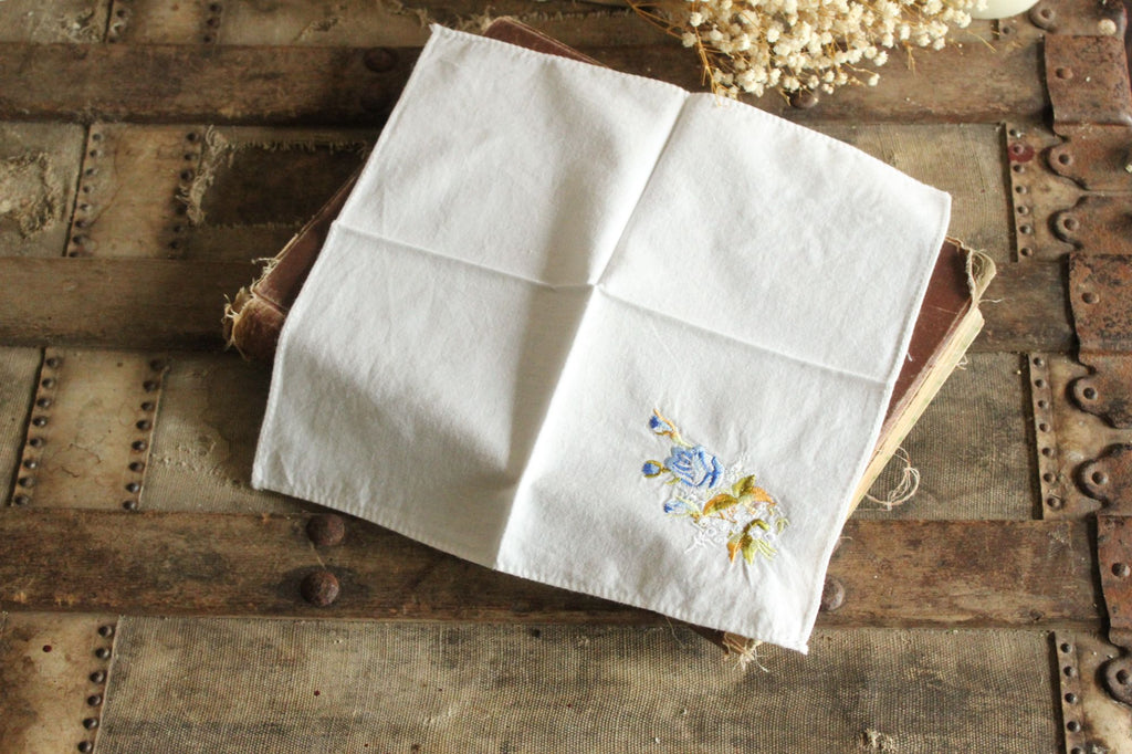 Vintage White Cotton With Blue Embroidered Roses Hanky
