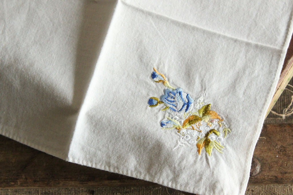Vintage White Cotton With Blue Embroidered Roses Hanky