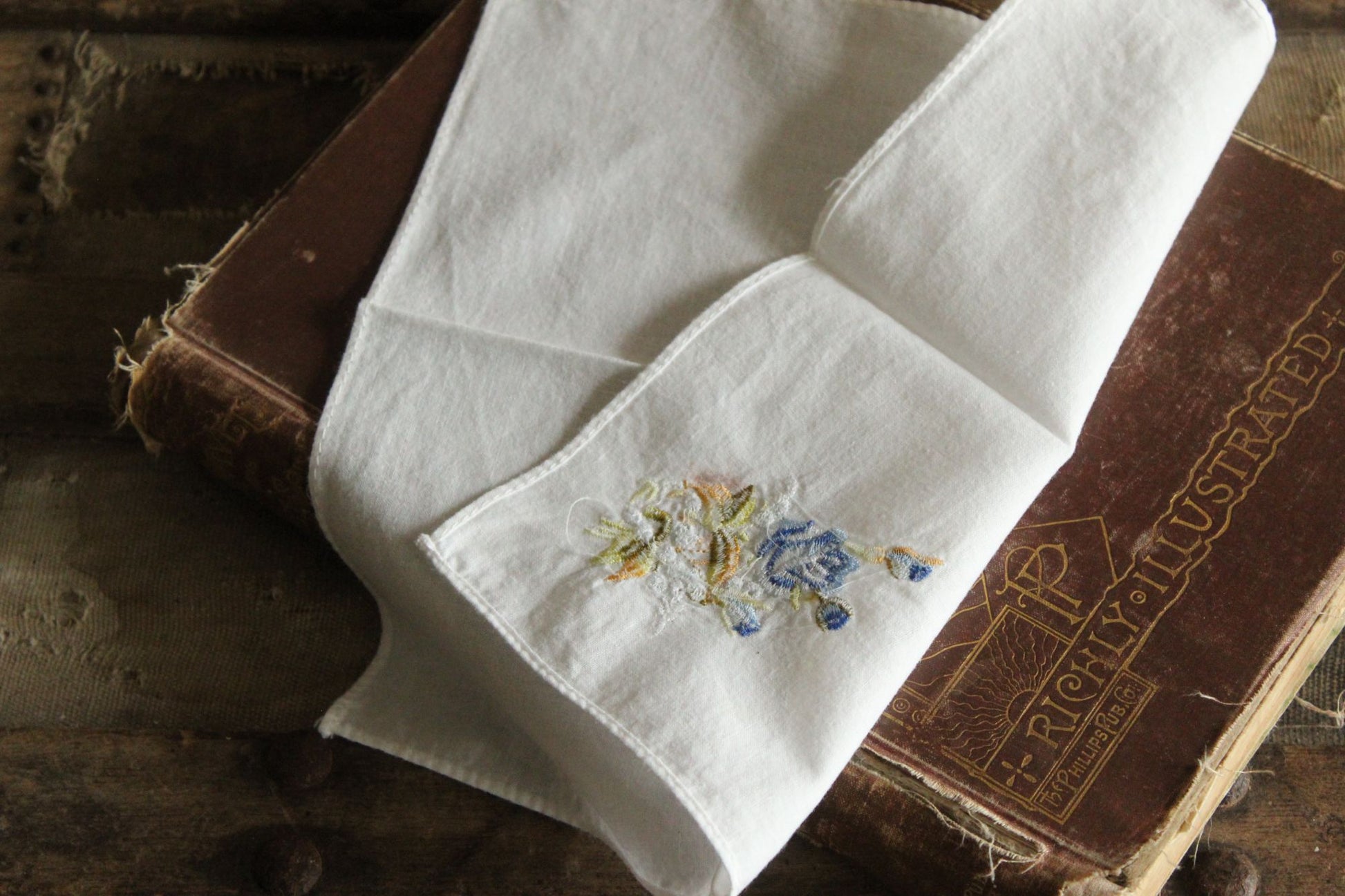 Vintage White Cotton With Blue Embroidered Roses Hanky