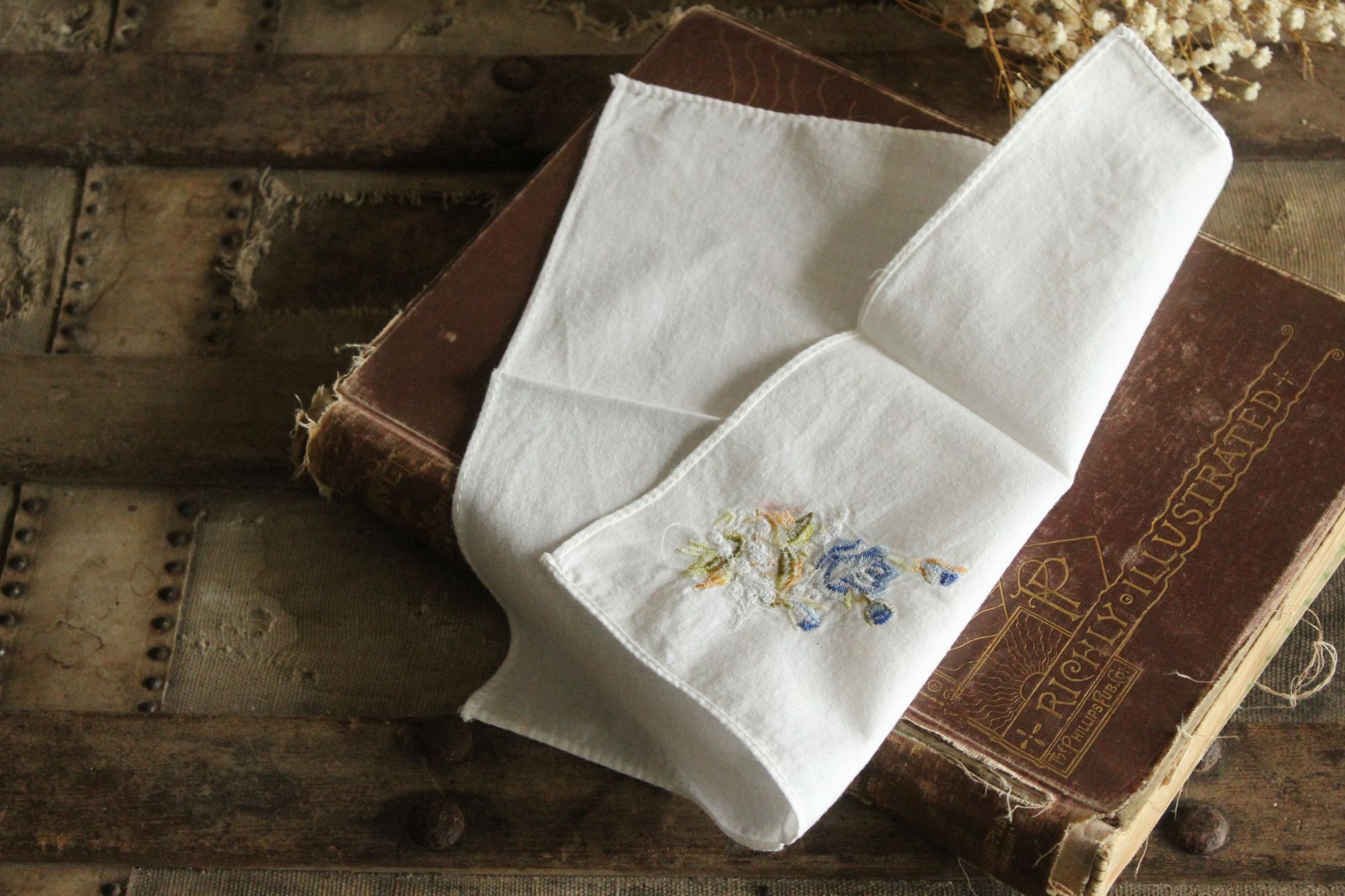 Vintage White Cotton With Blue Embroidered Roses Hanky
