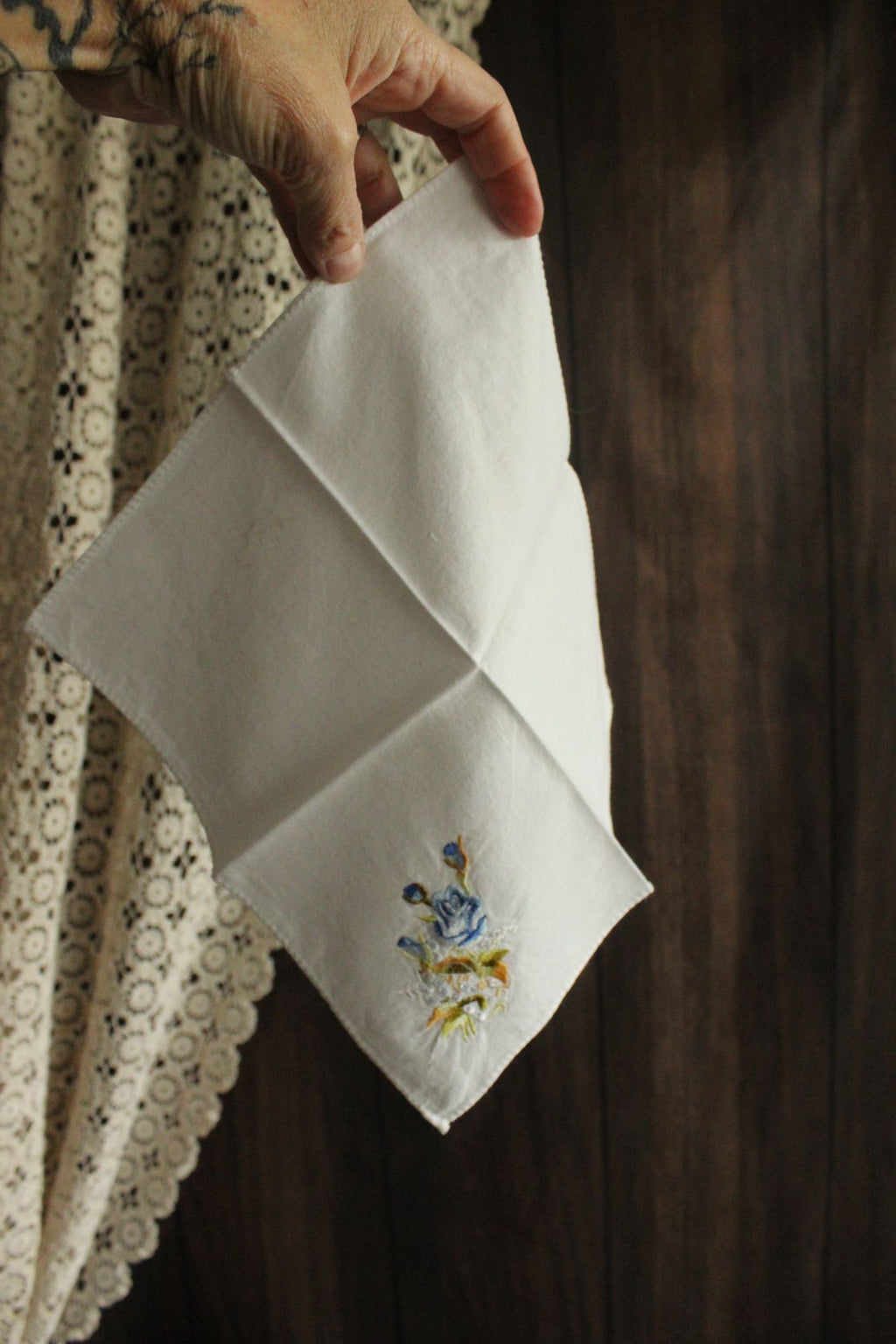 Vintage White Cotton With Blue Embroidered Roses Hanky