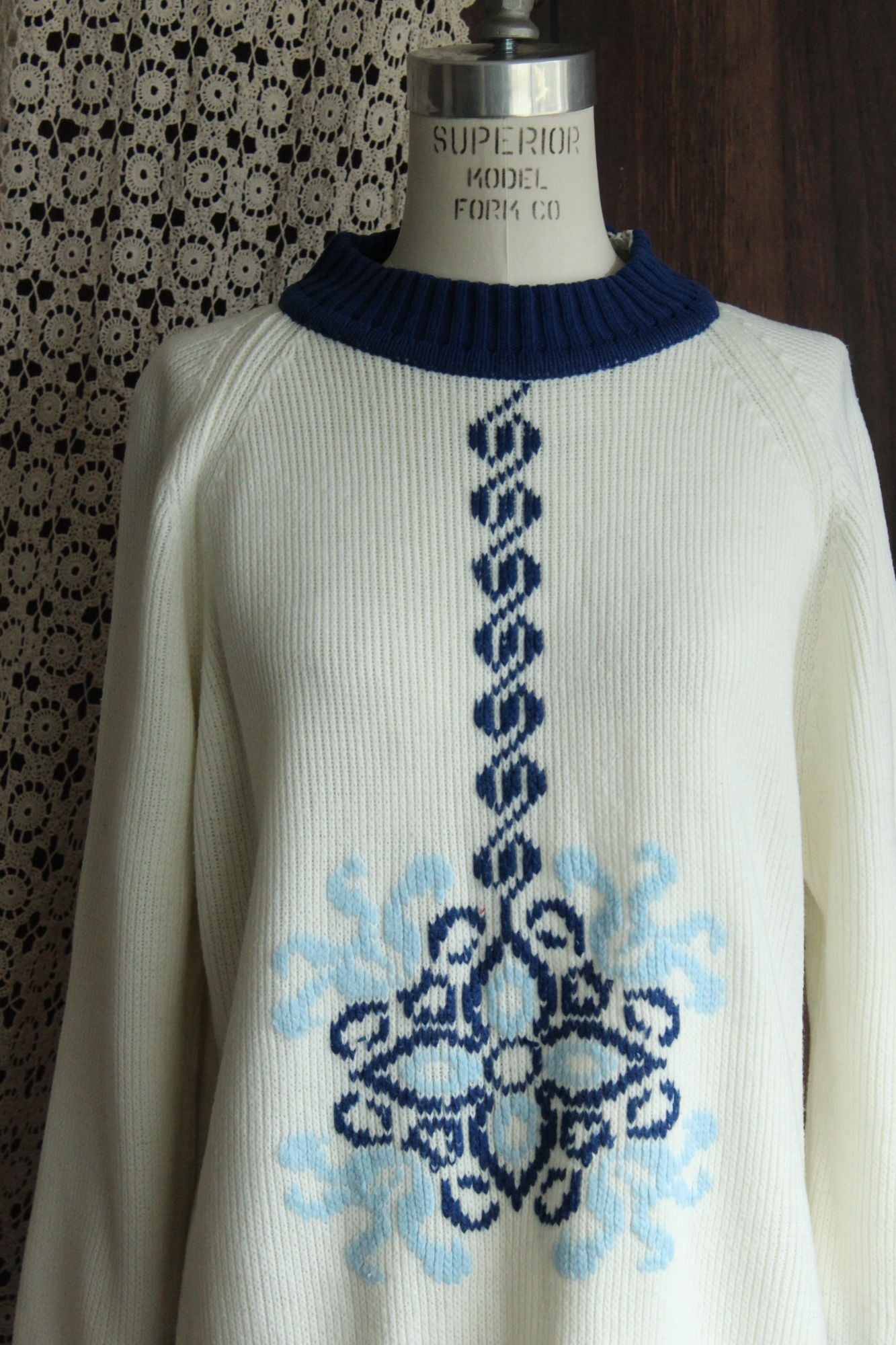 Vintage 1970s The Campus Shop Nordic Style Blue and White Jumper