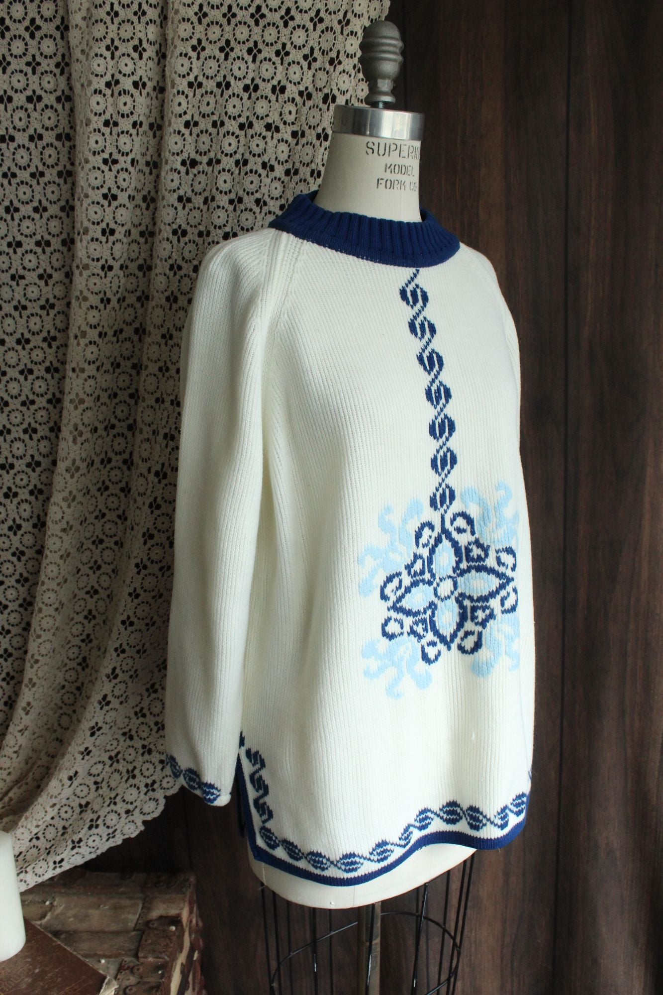 Vintage 1970s The Campus Shop Nordic Style Blue and White Jumper