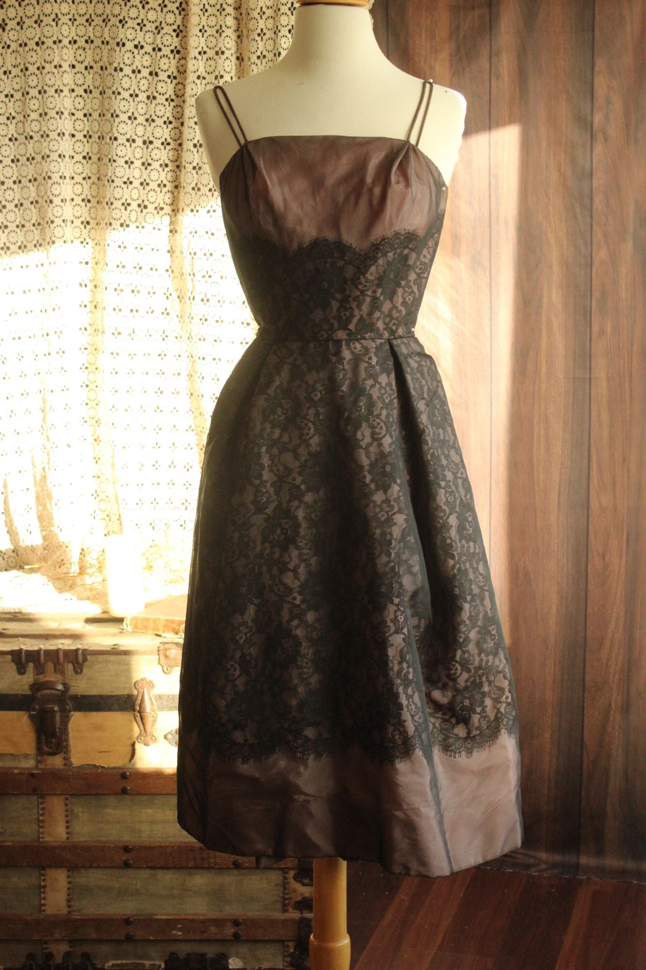 Vintage 1950s I Magnin Black Lace Dress With Pink Lining