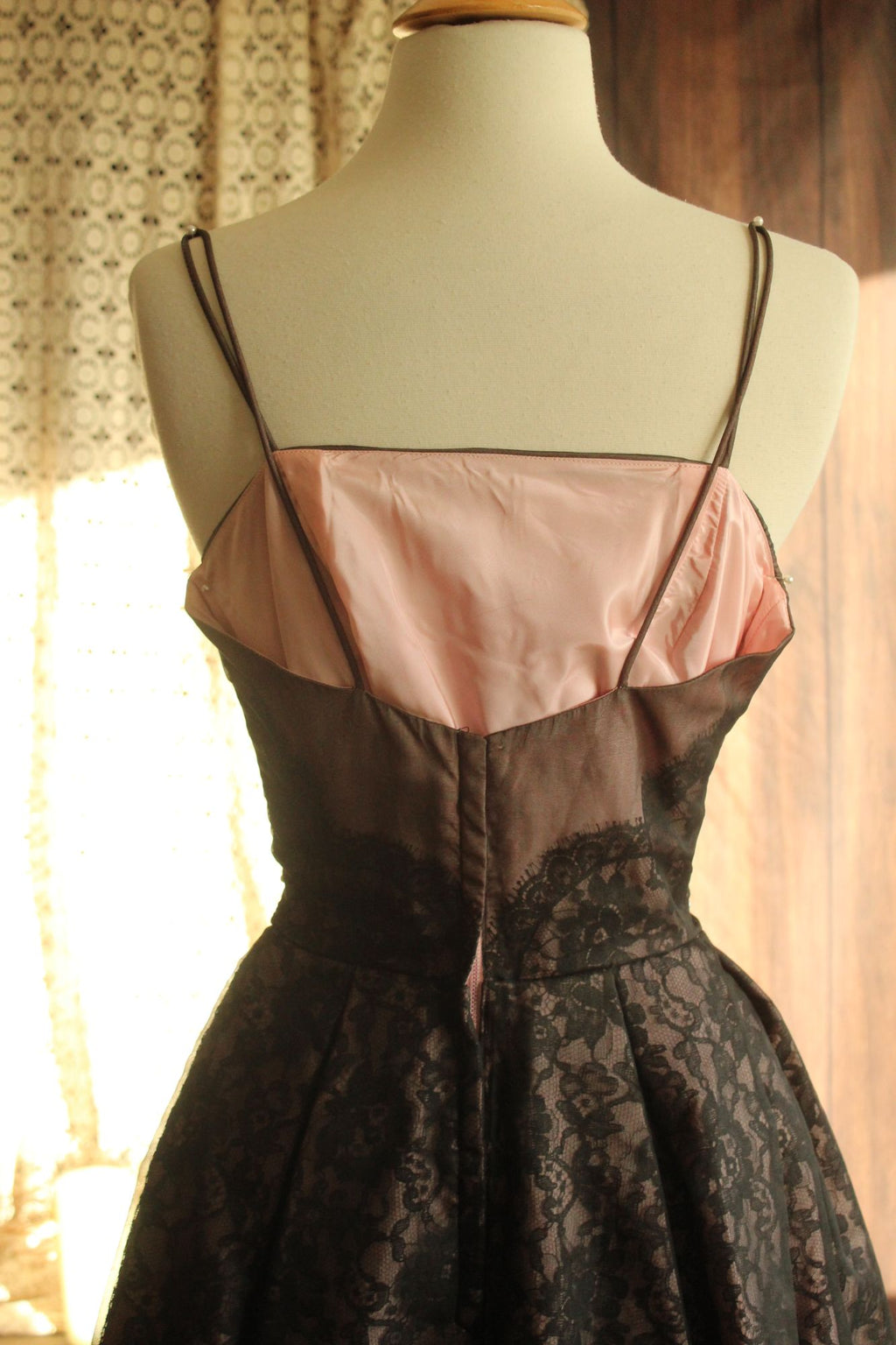Vintage 1950s I Magnin Black Lace Dress With Pink Lining