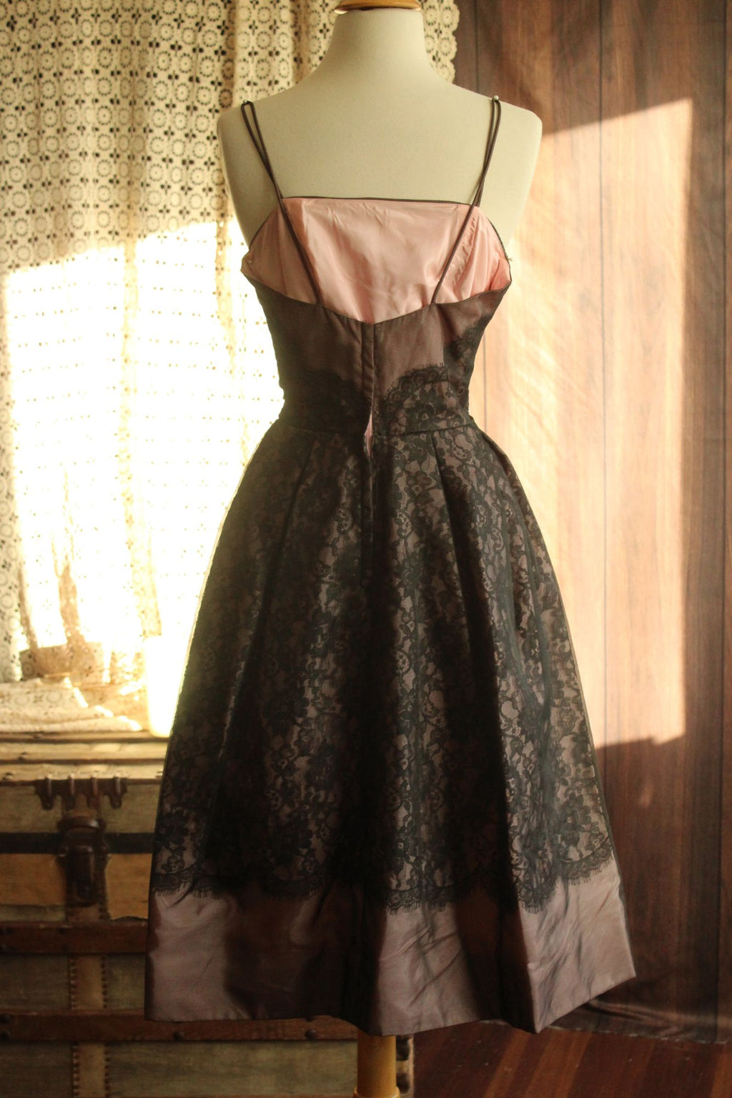 Vintage 1950s I Magnin Black Lace Dress With Pink Lining