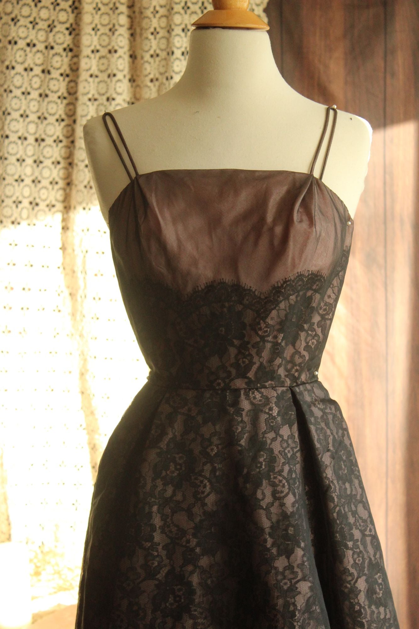 black lace dress with tan lining NIETTA / Black Wedding Dress with Nude Lining