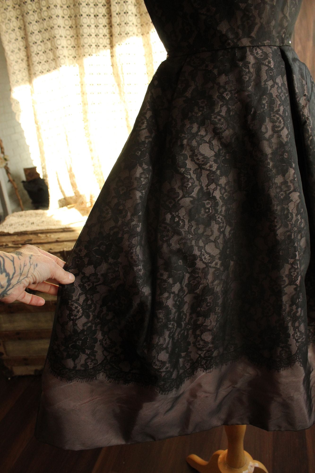 Vintage 1950s I Magnin Black Lace Dress With Pink Lining