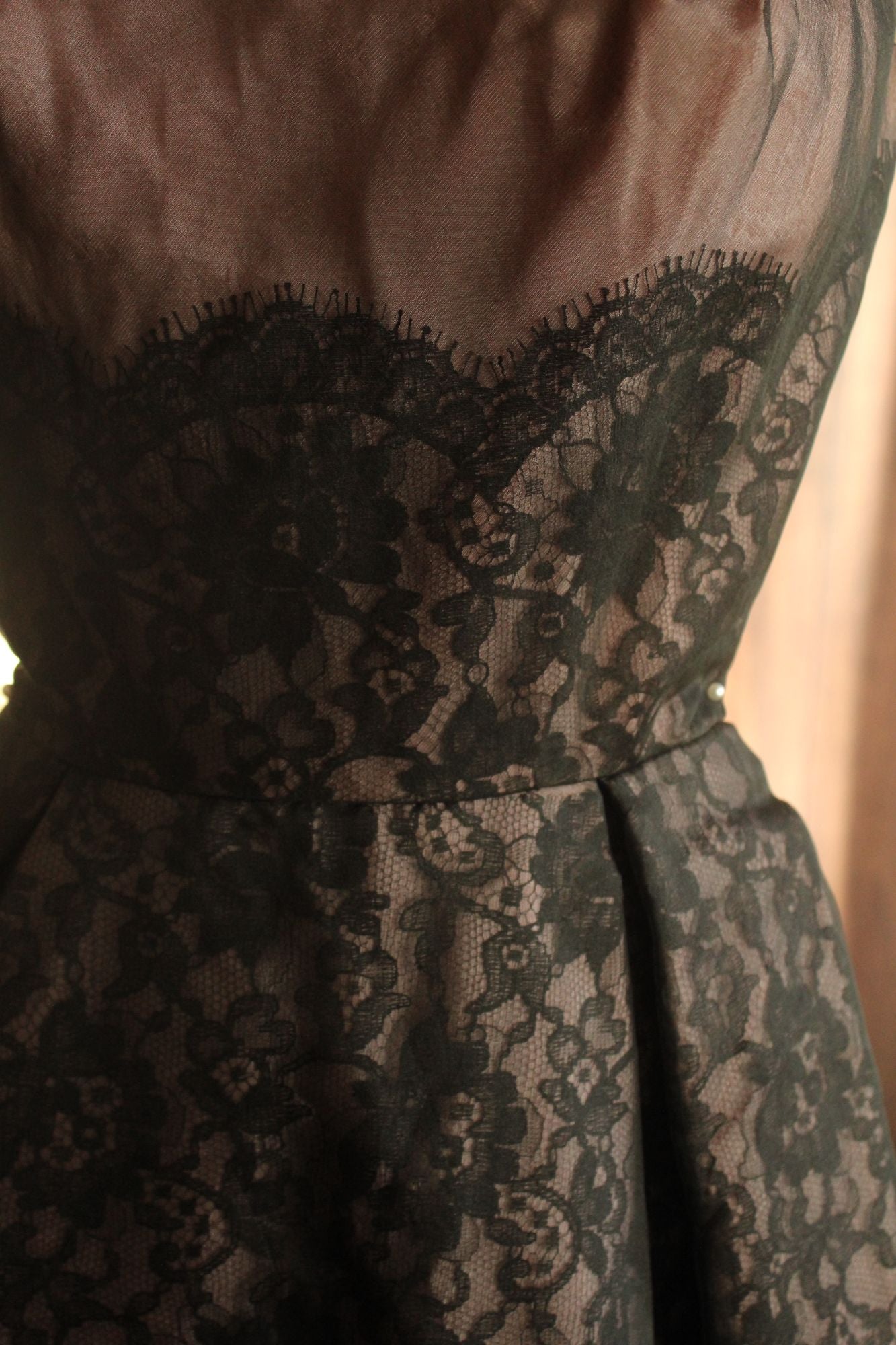 Vintage 1950s I Magnin Black Lace Dress With Pink Lining