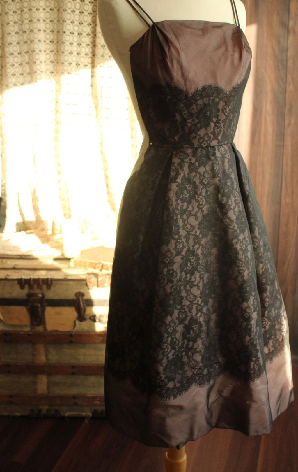 Vintage 1950s I Magnin Black Lace Dress With Pink Lining