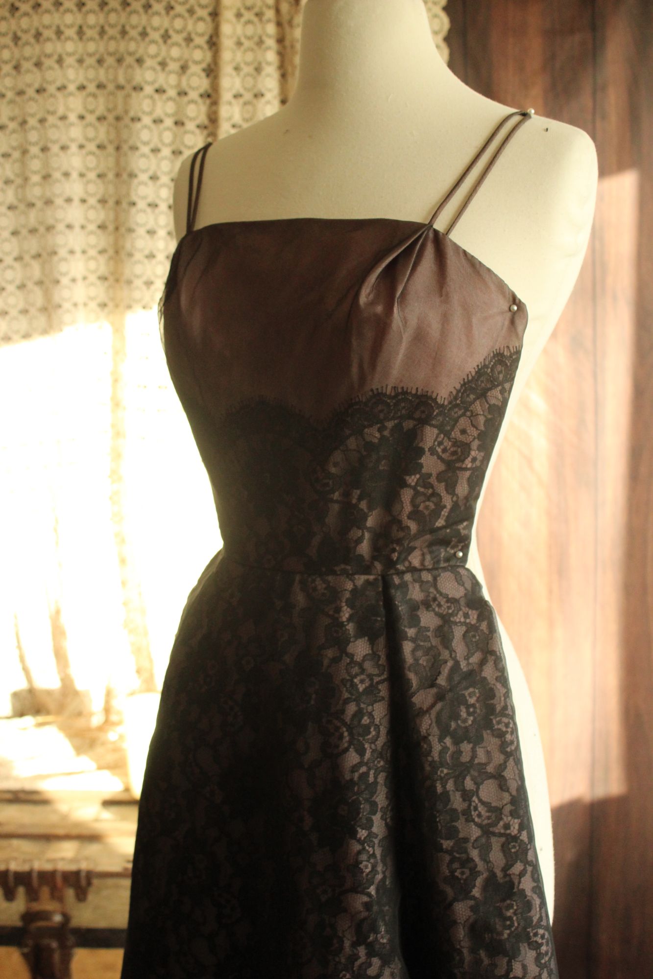 Vintage 1950s I Magnin Black Lace Dress With Pink Lining