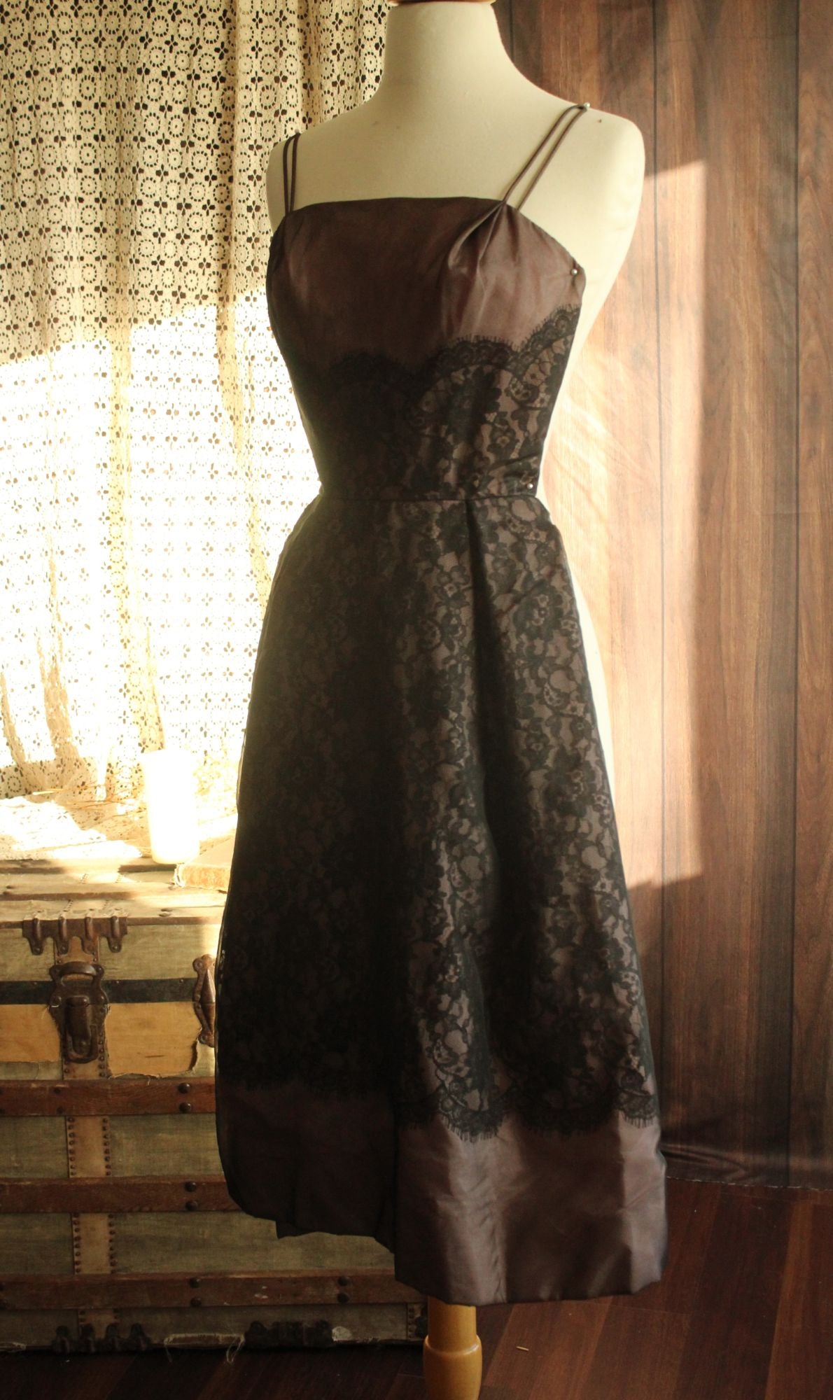 Vintage 1950s I Magnin Black Lace Dress With Pink Lining