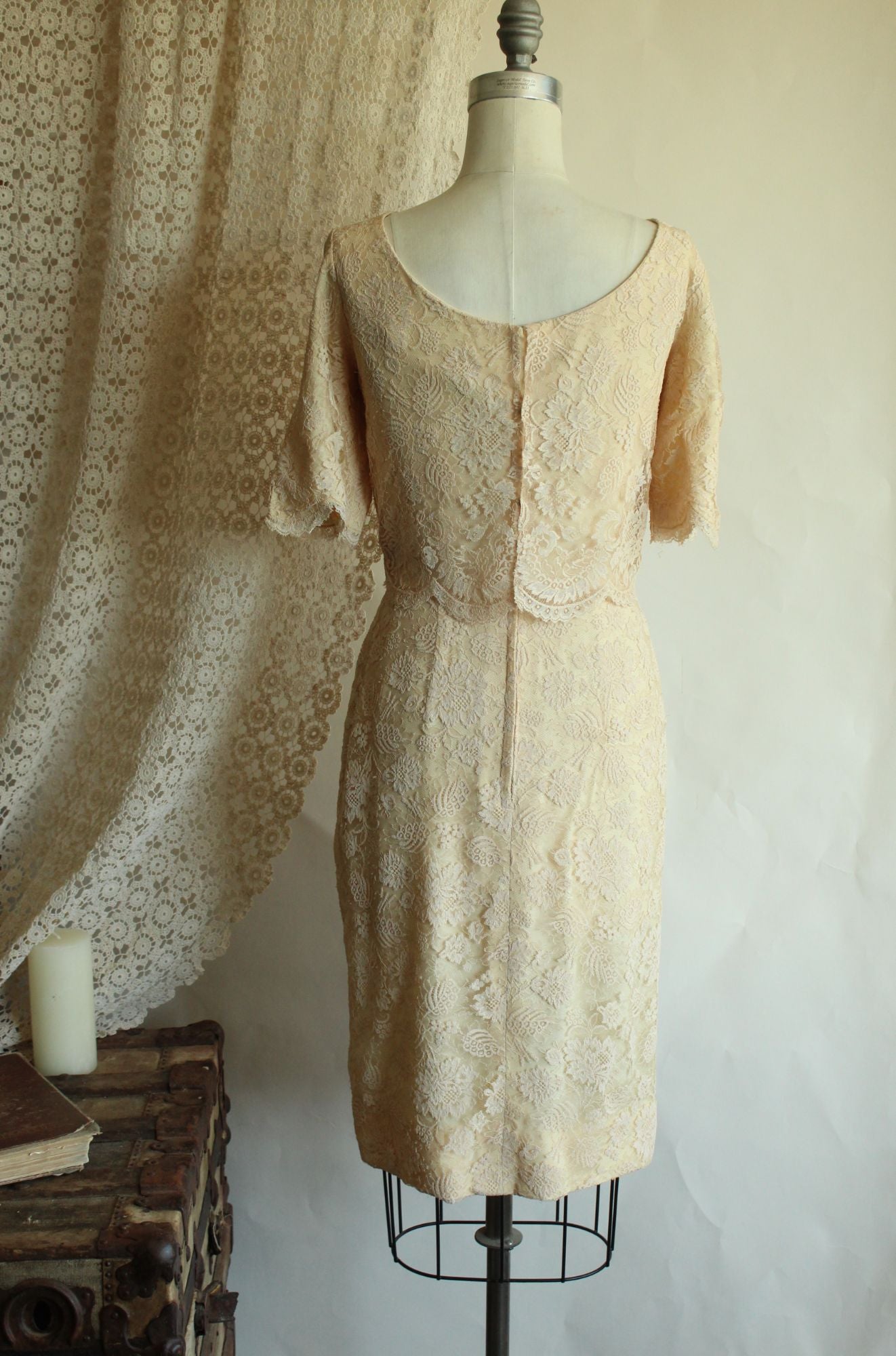 Vintage 1960s Blush Illusion Lace Dress