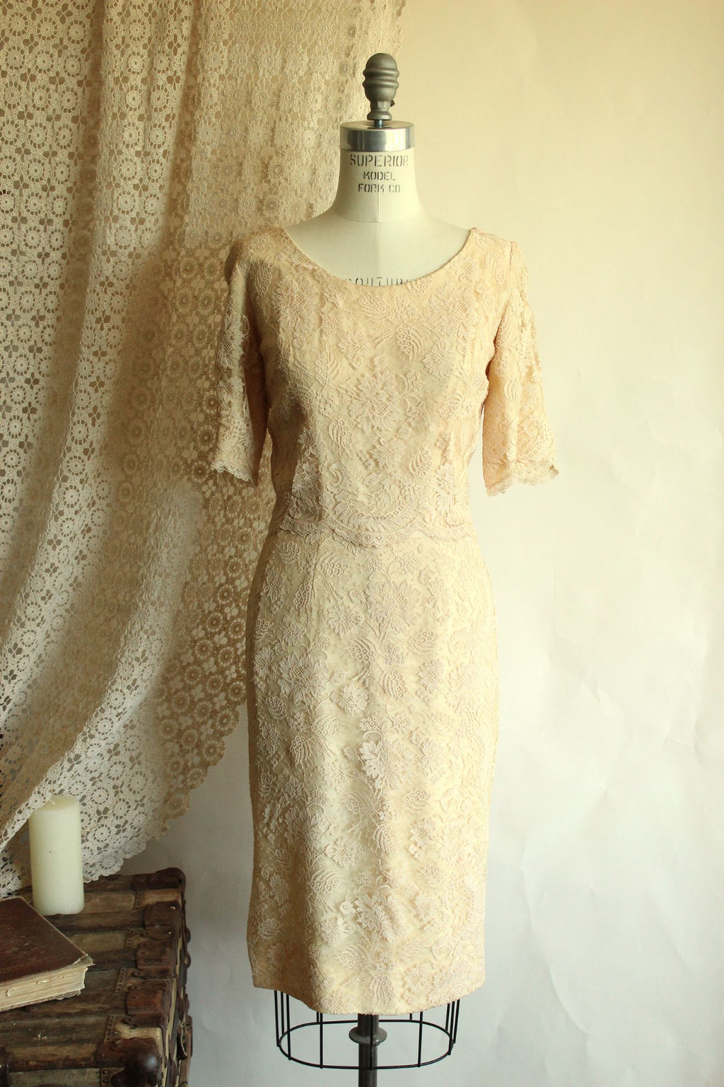 Vintage 1960s Blush Illusion Lace Dress