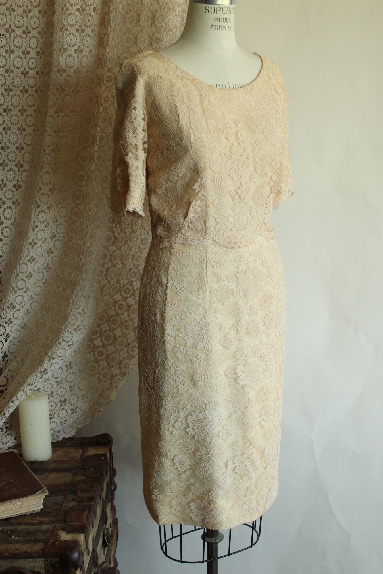 Vintage 1960s Blush Illusion Lace Dress