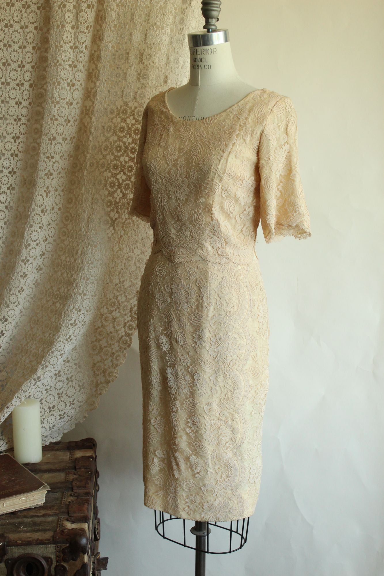 Vintage 1960s Blush Illusion Lace Dress